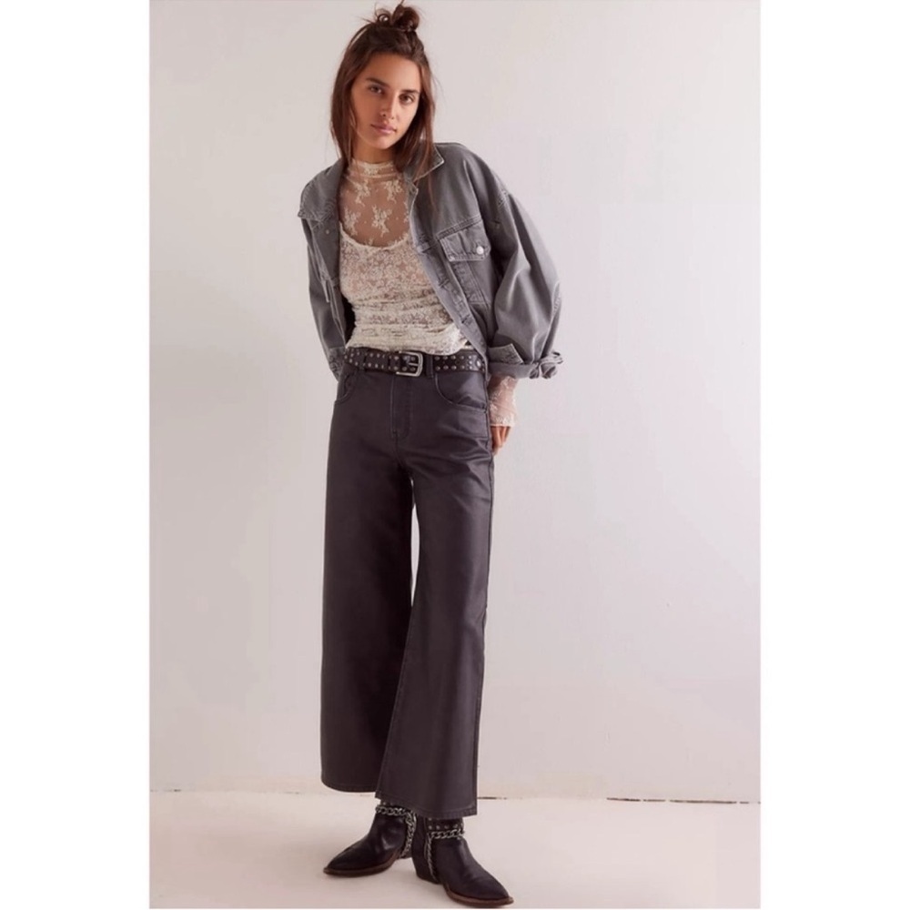 NWT Free People Misha Barrel Wide Leg Faux Leather Jeans Black 27